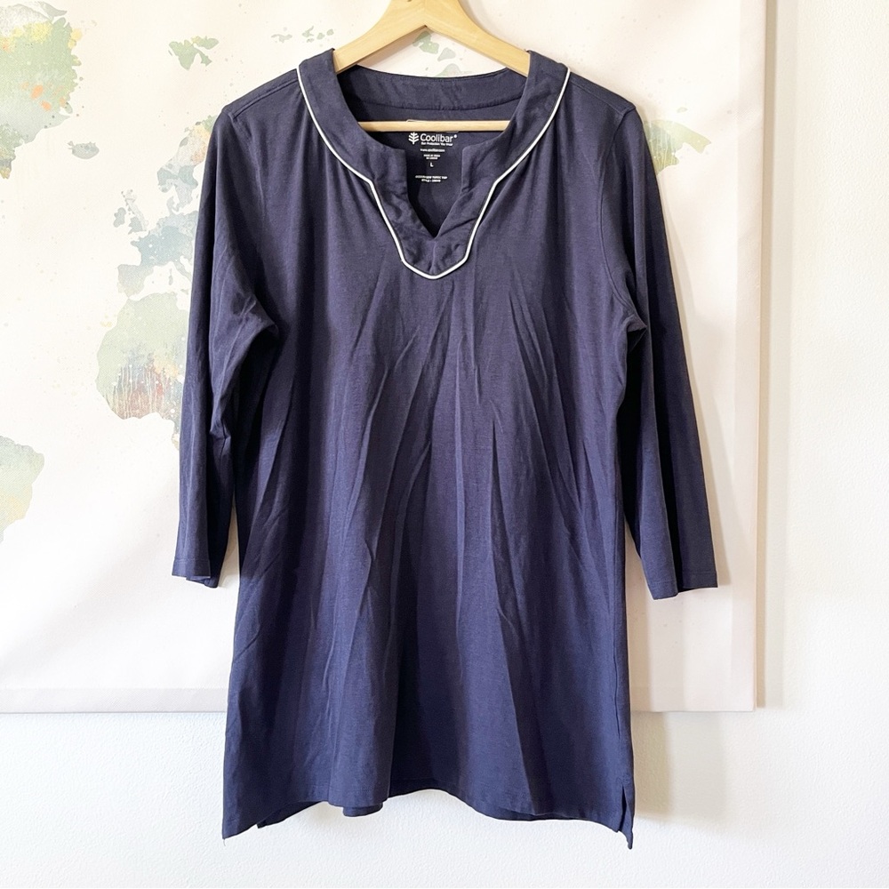 Coolibar Top Size Large Oceanview Tunic Navy Blue White UPF 50 UV Protection